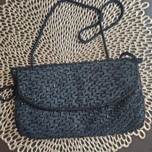 BEADED PURSE CLUTCH Black Bag With tuck away strap